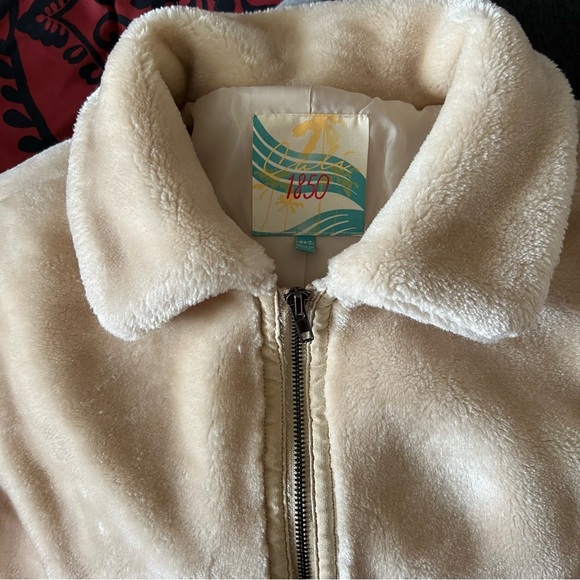 CALI 1850 Light Tan Sherpa Fleece Collar Neckline Zip Up Teddy Jacket-Size M - Picture 5 of 13